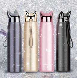 cat thermal Canada - 320ml Double Wall Thermos Bottle Cute Cat Fox Ear Thermal Coffee Tea Milk Travel Mug Stainless Steel Vacuum Flasks