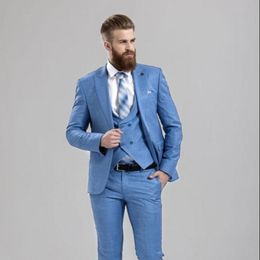 Hot Recommend Sky Blue Groom Tuxedos Men Formal Suits Business Men Wear Wedding Prom Dinner Suits (Jacket+Pants+Tie+Vest) 2567