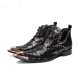 Italy Men Shoes Fashion Black Leather Boots Men Pointed Metal Tip Lace-up with Rivets botas hombre Party Boots