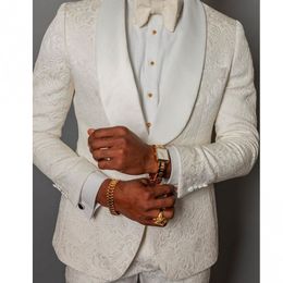Custom Made Men Suits Ivory Pattern Groom Tuxedos Shawl Satin Lapel Groomsmen Wedding Best Man 2 Pieces ( Jacket+Pants+Tie ) L476