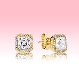 Real 925 Silver Wedding Earring set luxury designer Yellow gold plated Jewelry for Pandora Square Sparkle Stud Earrings with Original box