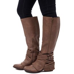 Hot Sale Fashion Women Knee Boots Three Colors Buckle Round Toe Shoes Low Heels Lady Short Boot