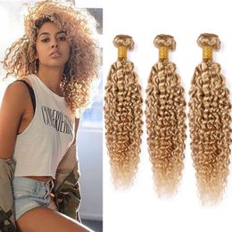 #27 Honey Blonde Brazilian Curly Human Hair Bundles Kinkys Curly Virgin Hair Extensions Light Brown Human Hair Weaves Double Wefts