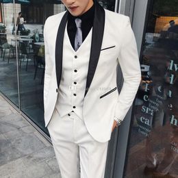 Ivory Men Suits for Wedding Suit Black Shawl Lapel One Button Men Blazer Jacket Prom Slim Fit Groom Tuxedos 3 Piece Vest Pants