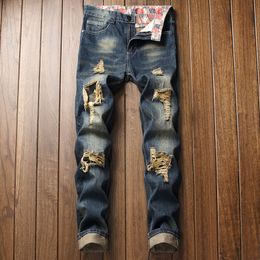 Men Casual jeans denim Vintage Patchwork Ripped jeans Pencil pants Elastic Vintage Mid Waist high quality