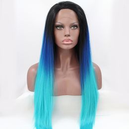 Beauty Long Straight middle part Ombre Lace Front Wig Dark Roots Ombre Blue Synthetic Heat Resistant Full Wigs