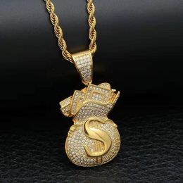 Europe and America Trendy Hiphop Jewelry Gold Silver Color Top CZ Dollar Purse Pendant Necklace Nice Gift for Boy Friend