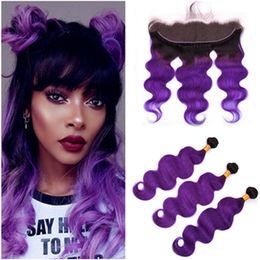 Brazilian Human Hair Ombre Purple Body Wave Weave Bundles with Frontal #1B/Purple Ombre Human Hair 3Bundles with Lace Frontal Closure 13x4