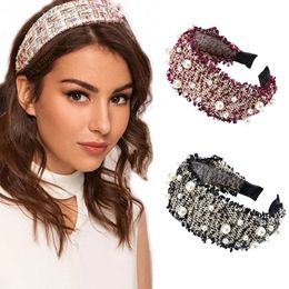 Vintage Plaid Head Hoop Headdress Pearl Fashion Bezel Hair Accessories Women New Retro Headwear Wide-brimmed Headband