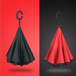 Wholesale Reverse umbrella hold-free car double-decker plush-size C sunny car reflexed long handle umbrella custom logo