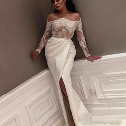 Fashion Ivory Sheath Evening Dresses Long Sleeves Boat Neck Dubai Saudi Arabic prom dress evening wear Kaftan Sexy Side Split Party Gowns