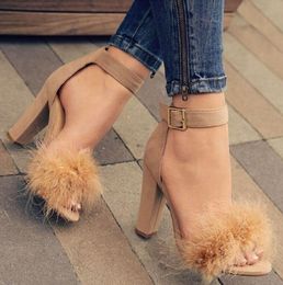 Hot Sale-shoes female spring and autumn 2018 new Korean version of the word buckle heel shoes wild pointed ostrich feather high heels shoes