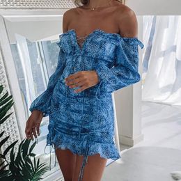 Pleated Dress Women Long Sleeve Dress Blue Square Collar Floral Print Ruffled Chest Hollow Lace-up Ladies Dresses