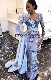 Lilac aso ebi Lace Style Prom Dresses with Side Train 2020 African Nigerian Long Sleeve Lace Embroidery 3D Floral Evening Gown