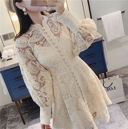 Fashion Runway Dress Women Autumn 2020 Lace Embroidery Hollow Out White Dresses Elegant Long Sleeve Laceup Slim Party Dress1370067 DF7F