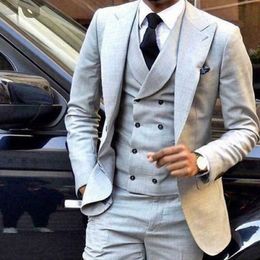 high quality light Grey mens wedding tuxedos two button peaked lapel groom wedding blazer suits 3 pieces jacketvestpants