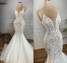 Lace Wedding Dresses Beaded Arabic Spaghetti Sexy Vintage Bridal Dresses Charming Elegant Sweep Train Mermaid Wedding Gowns 4388
