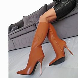 Hot Sale-Women High Heel Knee High Boots Stiletto Tall Boots Faux Leather Zip Shoes Woman Botines Mujer