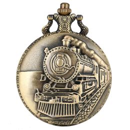 Pocket Watches Vintage Bronze Train Front Locomotive Engine Railway Quartz Watch Steampunk Pendant Chain Womens Mens Gift