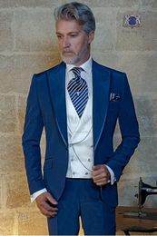 New Design One Button Blue Wedding Men Suits Peak Lapel Three Pieces Business Groom Tuxedos (Jacket+Pants+Vest+Tie) W979