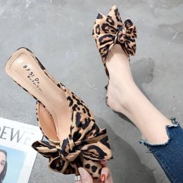 Hot Sale-2019 new Korean version of the pointed shallow mouth stiletto half slippers sexy leopard bow high heels women