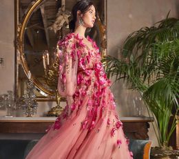 Marchesa balo elbiseleri 3D çiçek çiçekleri uzun kollu v yaka özel yapımı gece elbiseleri parti elbisesi zemin uzunluğu tül313s