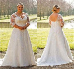 Setwell Plus Size Lace Wedding Dress V-neck 3/4 Long Sleeve Vestido De Novia Wedding Gowns Custom Made Applique Lace Bridal Dress