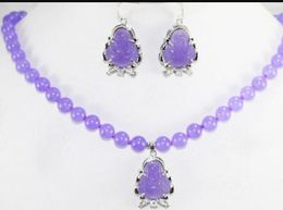 Necklace Fashion 17 Inch 10mm Purple Jade Necklace Buddha Pendant Earrings Jewellery Set