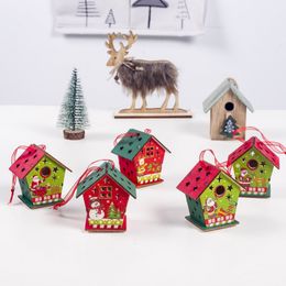 painted christmas ornaments Canada - Color Painted Small Wooden House LED Light Up Christmas Ornament Luminous Xmas Tree Hanging Pendant Holiday Decor