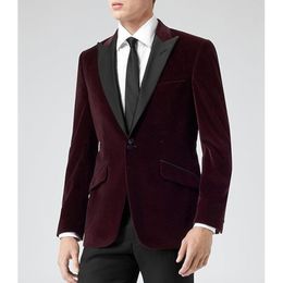 New High Quality One Button Dark red Velvet Wedding Groom Tuxedos Peak Lapel Groomsmen Mens Dinner Blazer Suits (Jacket+Pants+Tie) 358