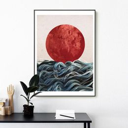 Abstrakte japanische Sonnenaufgang-Poster und Drucke, Wandkunst, Leinwandgemälde, Bilder für Wohnzimmer, skandinavische Meereslandschaft, Heimdekoration