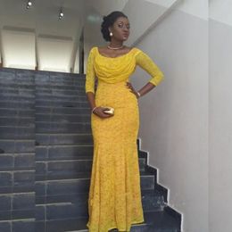 -Encaje nigeriano amarillo más tamaño vestido de fiesta de manga larga sirena piso longitud Sexy vestido de fiesta de noche África