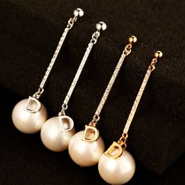 New trendy fashion classic luxury designer glittering diamond rhinestone pearl long pendant dangle chandelier stud earrings for woman