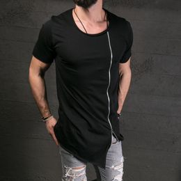 Men 'S Fashion Show Stylish Long T Shirt Asymmetrical Side Zipper Big Neck Short Sleeve T -Shirt Male Hip Hop Tee Trend