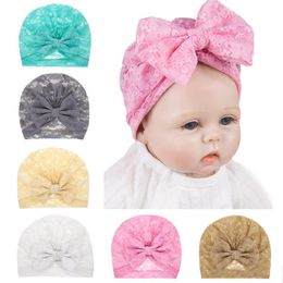 Baby Girls Lace Bow Turban Toddlers handmade flower lace hat cute solid color beanie 6 colors 19x16cm infants fashion headwear
