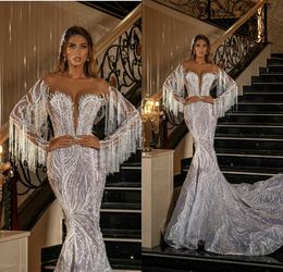 Sparkly South African Luxury Mermaid Wedding Dresses Beading Tassel Long Sleeve Bridal Gowns Vestido De Novia Sexy Illusion Sequins Wedding