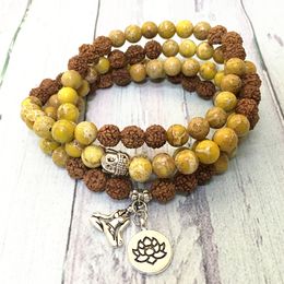 MG0585 Rudraksha 108 Mala Women`s Yoga Necklace Lotus Charm Yellow Regalite Stone Bracelet Personal Spiritual Balance Jewelry
