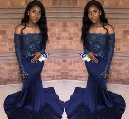 New Arrival Dark Navy Mermaid Prom Dresses Off Shoulder Lace Appliques Sequnins Illusion Long Sleeves Cheap Evening Party Gowns Wear