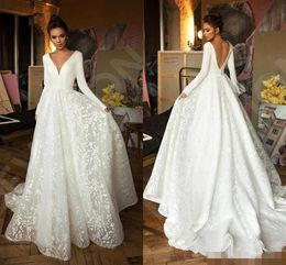 V Modest Neck Dresses Floral Lace Applique Long Sleeves Plunging Custom Made Wedding Bridal Gown Vestido De Novia estido