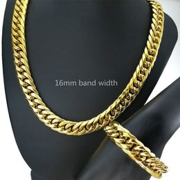 16mm width heavy sets necklace bracelet all polished classic mens necklace 316l stainless steel n342 b192 gold tone