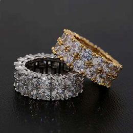 hip hop full diamonds ring for men women western Double row side stone rings real gold plated Rhinestone copper Jewellery