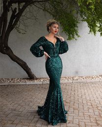 Green Muslim prom Dresses Long 2019 deep V-Neck Full Sleeves Sexy Backless Formal Mermaid Evening Gowns sequined Vestido De Festa Longo