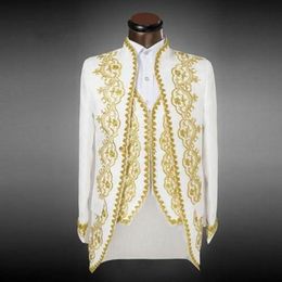 Popular Mandarin Lapel Embroidery Groomsmen One Button Groom Tuxedos Men Suits Wedding/Prom Best Man Blazer ( Jacket+Pants+Vest+Tie) I01