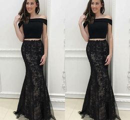 2 Piece Off The Shoulder Formal Dresses Evening Elegant Mermaid Style Lace Satin Cheap Black Prom Dress Party Formal Gowns Custom Made Long