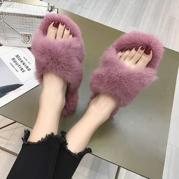 Hot Sale-autumn and winter cross plush cony hair slippers warm slippers female outer wear wild rabbit hair flat saddles word drag wholesale