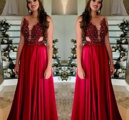 Beaded Dark Red Top Prom Dresses Illusion Sleeveless Floor Length Chiffon Sheer Neck Custom Made Evening Party Gowns Formal Ocn Wear