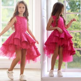 Fuchsia High Low Lace Flower Girl Dresses For Wedding Jewel Neck Pleated Pageant Gowns Satin First Communion Dress