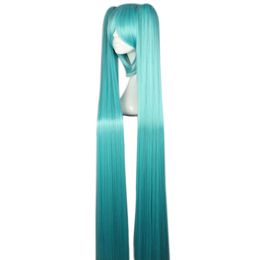 Women Long Straight Blue Full Wigs with Bangs 2 Ponytails Anime Cosplay Hair for Vocaloid Hatsune Miku Figure