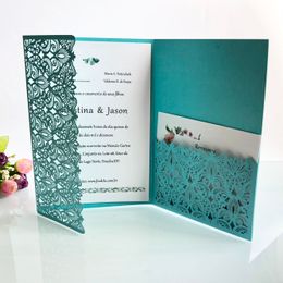 Laser Cut Wedding Invitations With RSVP Cards T-Blue Customised Flowers Folded Wedding Invitation Cards With Envelopes BW-HK153