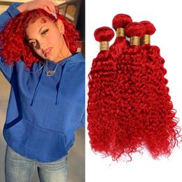 Bright Red Deep Wave Brazilian Human Hair Weave Bundles 4Pcs Lot Pure Red Deep Curly Wave Virgin Human Hair Wefts Extensions 10-30"